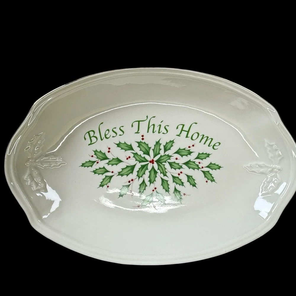 Lenox Holiday Christmas‎ Serving Tray Oval Plate Bless This Home Holly Berry Box